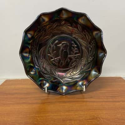Rare Crown Crystal Carnival Glass Master bowl - Kingfisher design 