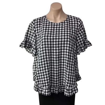 Sussan Womens Size 6 Black  / White Checked 100% Linen Short Sleeve Top