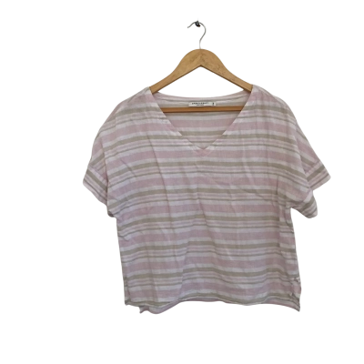 Sportscraft Linen>Cotton Blend Womens  Size M / S Short Sleeve Top / V-Neck Top Beige / Pink  / Striped / White 