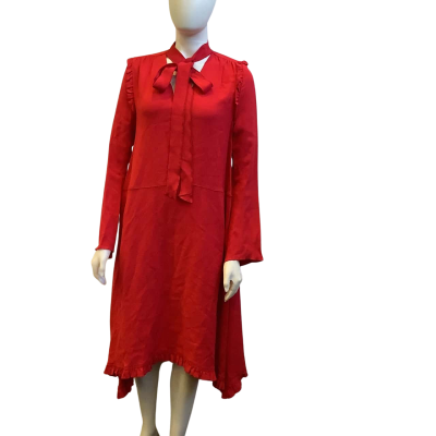 Scanlan Theodore Womens Size S Neck Tie Ruffle Midi Dress Red