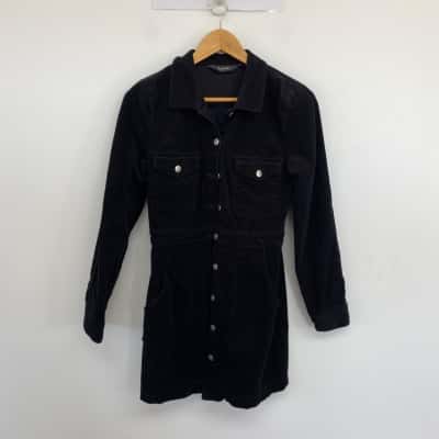 Glassons Black Velvet Long Sleeve Button Up Mini Dress  Size 10