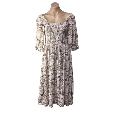 Jeanswest Womens Size 14 White / Orange / Brown Paisley Print Short Sleeve Midi Dress 