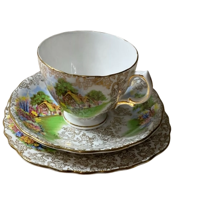 Colclough Gold/Green Plate, Saucer & Cup Set