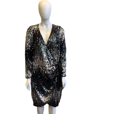 City Chic Women's Plus Size S Sequined Mini Wrap Dress Black & Silver 