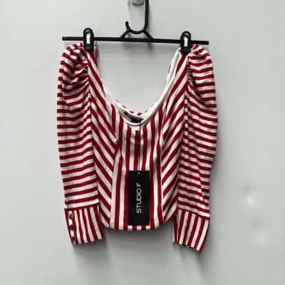 studio F - Womens  Size M Long Sleeve Shirt Red / Striped / White 