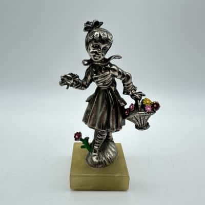 Vintage Italian Pewter "Girl With Flowers" Figure