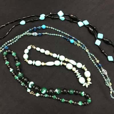  Womens Selection of 4 Black, Blue & Green Beaded Necklaces 