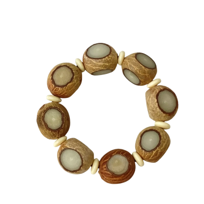  White Bodhi Root Beaded Elasticated Bracelet 