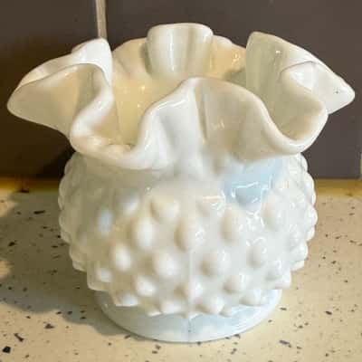 Fenton White Milk Vase with Ruffled Rim
