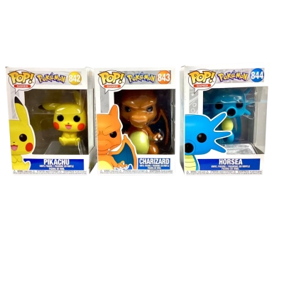 Funko Pop! vinyl figures Pokémon Games series  Pikachu (#842), Charizard (#843), and Horsea (#844)