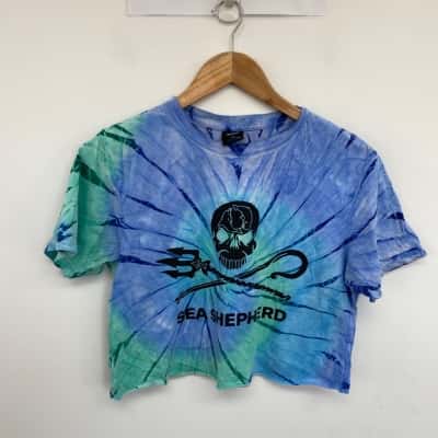 Sea Shepherd Tie Dye Blue Green Gradient Wash Iconic Jolly Roger Skull T-shirt  Size XS 