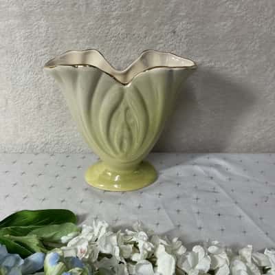 Vintage Art Deco Cream / Yellow Glazed Scalloped Rim Pottery Vase