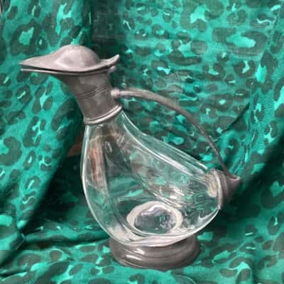 Antique Hand Crafted Glass and Pewter Pitcher