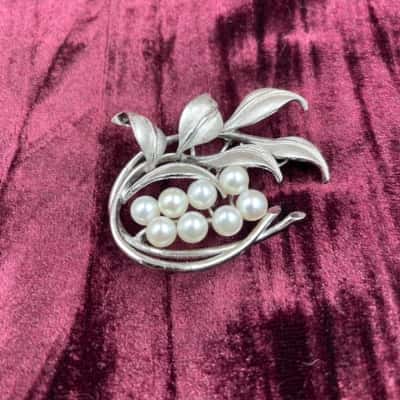 Silver Toned Brooch with White Beads