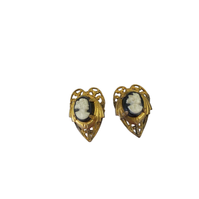  Womens Earrings 1940's Cameo Brass look Screw Back Earrings