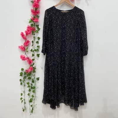 Blue Illusion Womens Long Sleeve Midi Silk Dress Size M Black  / White Polka Dot 