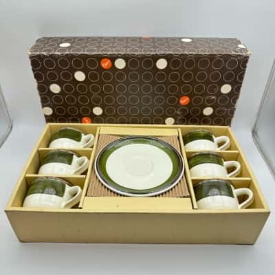 Retro Mikasa H4001 Olive Green & Cream Tea Cup & Saucer Set  Japan In Box