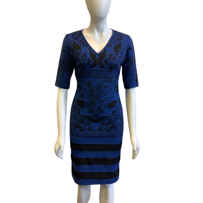 Moss & Spy Women's Size 10 Short Sleeved Midi Dress Black & Blue pattern 