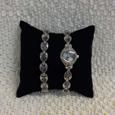 2000s QBOS Matching Silver Tone Watch and Bracelet