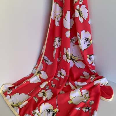 Handmade Bold Red Botanical Scarf/Wrap with Lemon Satin Trim