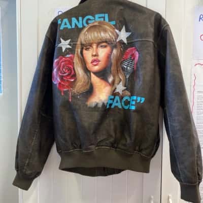 “Angel face “ Hand Painted Bershka Womens  Size S Brown Leather Bomber Jacket 
