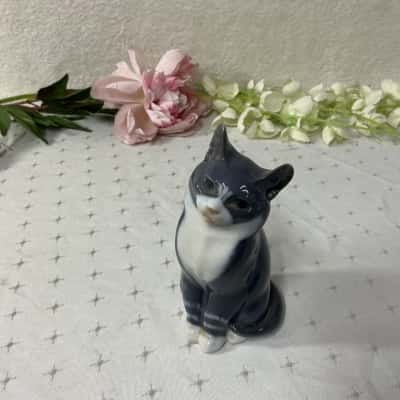 Royal Copenhagen Grey / White Porcelain Sitting Cat Figurine