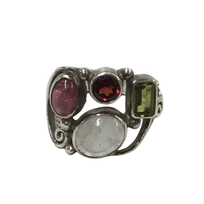  Silver Ring with Multicoloured Stones & Crystals