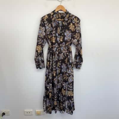 Maye Brown Floral Long SLeeve Shirt Dress Size M 