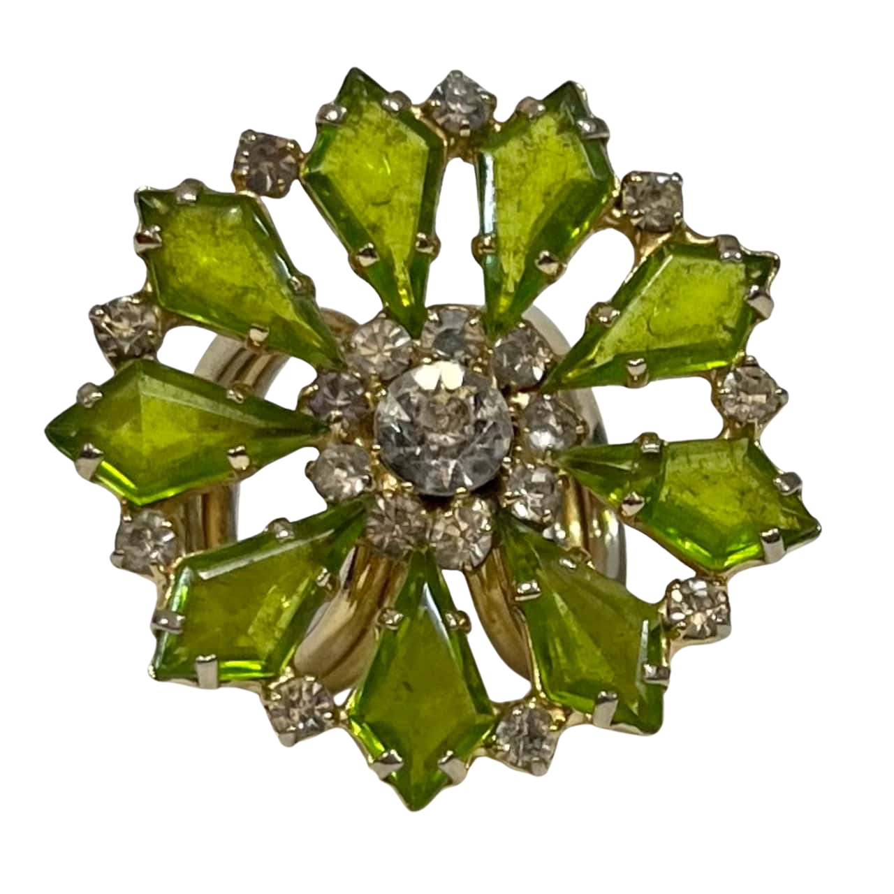 Stunning Huge Very Sparkly Flower Ring Gold & Green (s)
