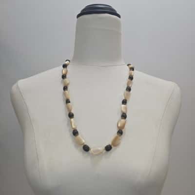 Vintage Mother of Pearl & Wood Beaded Statement Necklace
