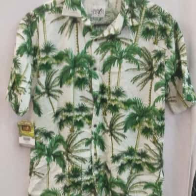  Mens Tropic Of Linen Size L Hawaiin / Short Sleeve Shirt Green / White/Gold 