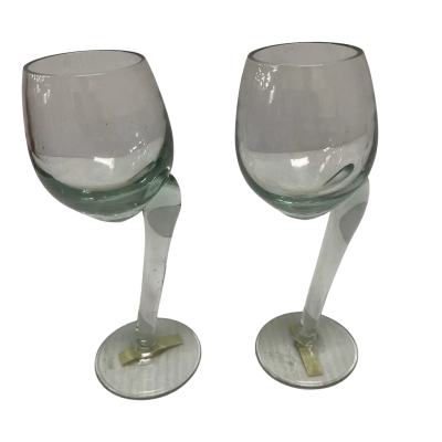 Set of 2 Hand Made Offset Stem Wine Glasses 