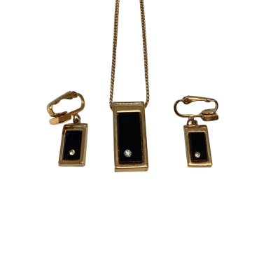 Vintage Avon - Black Onyx Rhinestone Set - Necklace & Clip-on Earrings