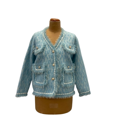 Womens Jacquard Knit Jacket Size L Pale Blue/Silver