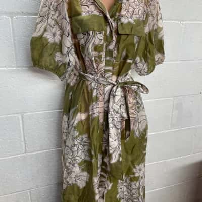 Decjuba Womens Midi Shirt Green & White Floral Dress Size 12