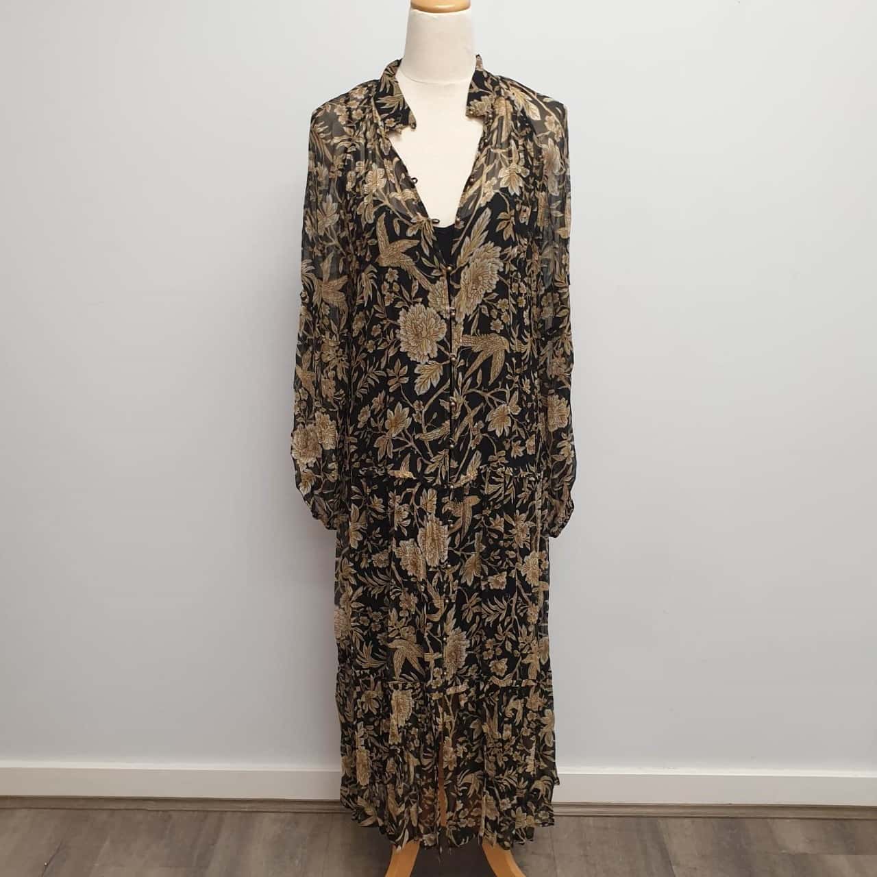 Tigerlily Cordelia Superior Quality Black & Brown Fern & Floral Patterned Midi  Dress with Under Slip Size 16 - RRP $299 (s)