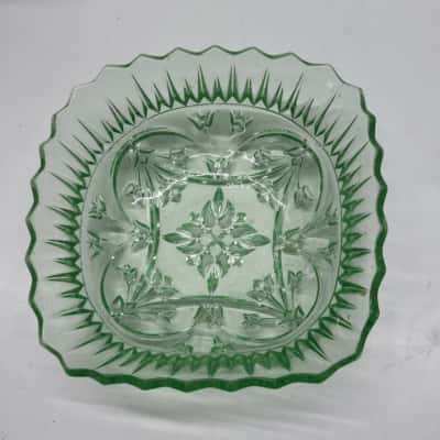Vintage Green Depression Style Pressed Glass Square Dish Scalloped Rim Bowl