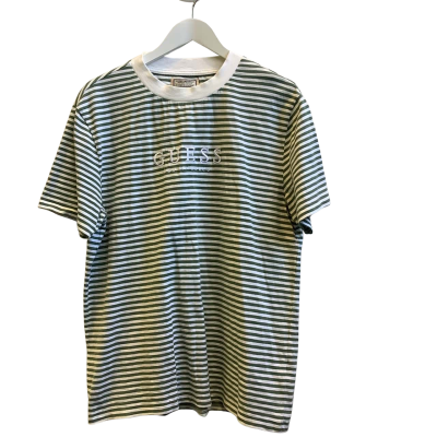 Guess Unisex  Size M Script Print Striped Tee Green / White