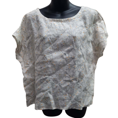 CYNTHIA ROWLEY Size L 100% Linen Short Sleeve Botanical Print Button Back Top