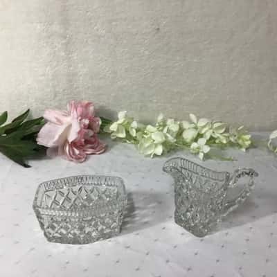 Decorative Diamond Cut Glass Open Sugar Bowl & Milk Jug