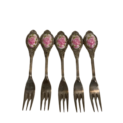 5 x Vintage Japan Rose Cameo Porcelain Stainless Steel Cake Forks