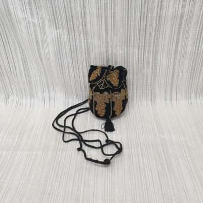 Exquisite Boho Style / Vintage/Black Velvet & Gold Beaded /Long Handle Draw String /Evening /Wedding /Formal /Shoulder /Crossbody /Dolly Bag with Black Tassel
