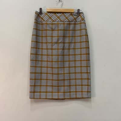 Review Womens  Size 10 Asymmetrical Hemline Skirt Black  / Brown / Checked / White 