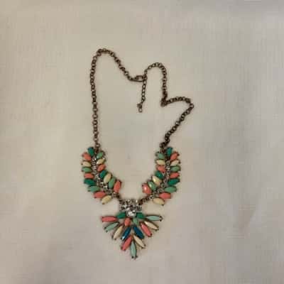  Womens Necklace Multi-Rhinestone Statement Features a Goldtone Chain Accented With Coral Mint & Ivory Marquise Stones