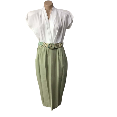 Fashion Elle Womens Size 12 White / Sage Green Sleeveless / Pattern Belted Vintage Dress  