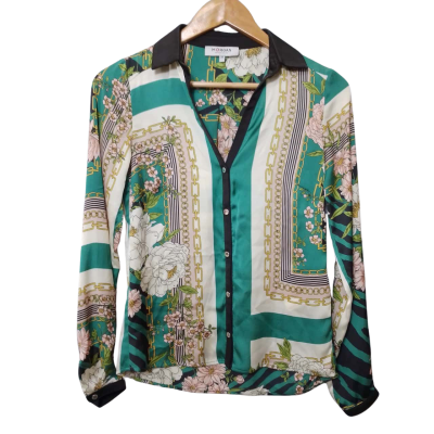 Morgan De Toi Women's Size XS Long Sleeve Shirt Green Floral Print Shirt