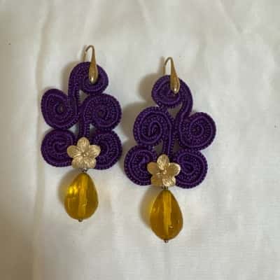  Women's Handmade Soutache Earrings with Purple Thread Gold Tone Flower & a Yellow Teardrop Bead