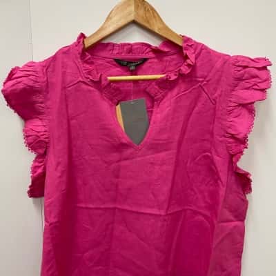Liz Jordan Raspberry Rose Linen Ruffle Sleeve Frill Top Size 18