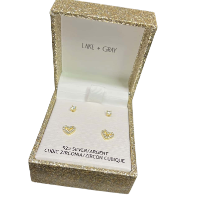 New Without Tags - Lake + Gray Gold Plated 925 Cubic Zirconia Stud Earrings - 2 Pairs in Box