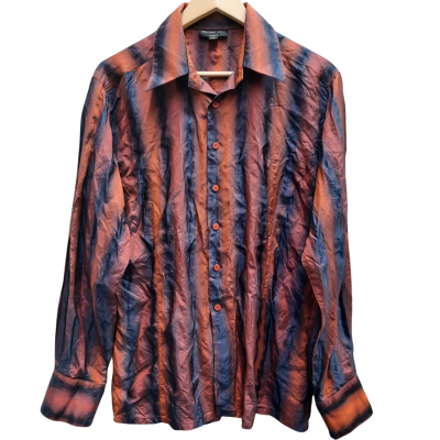 CHRISTOPHER CHRONIS Size L 100% Silk Shirt Metallic Copper / Dark Navy Blue